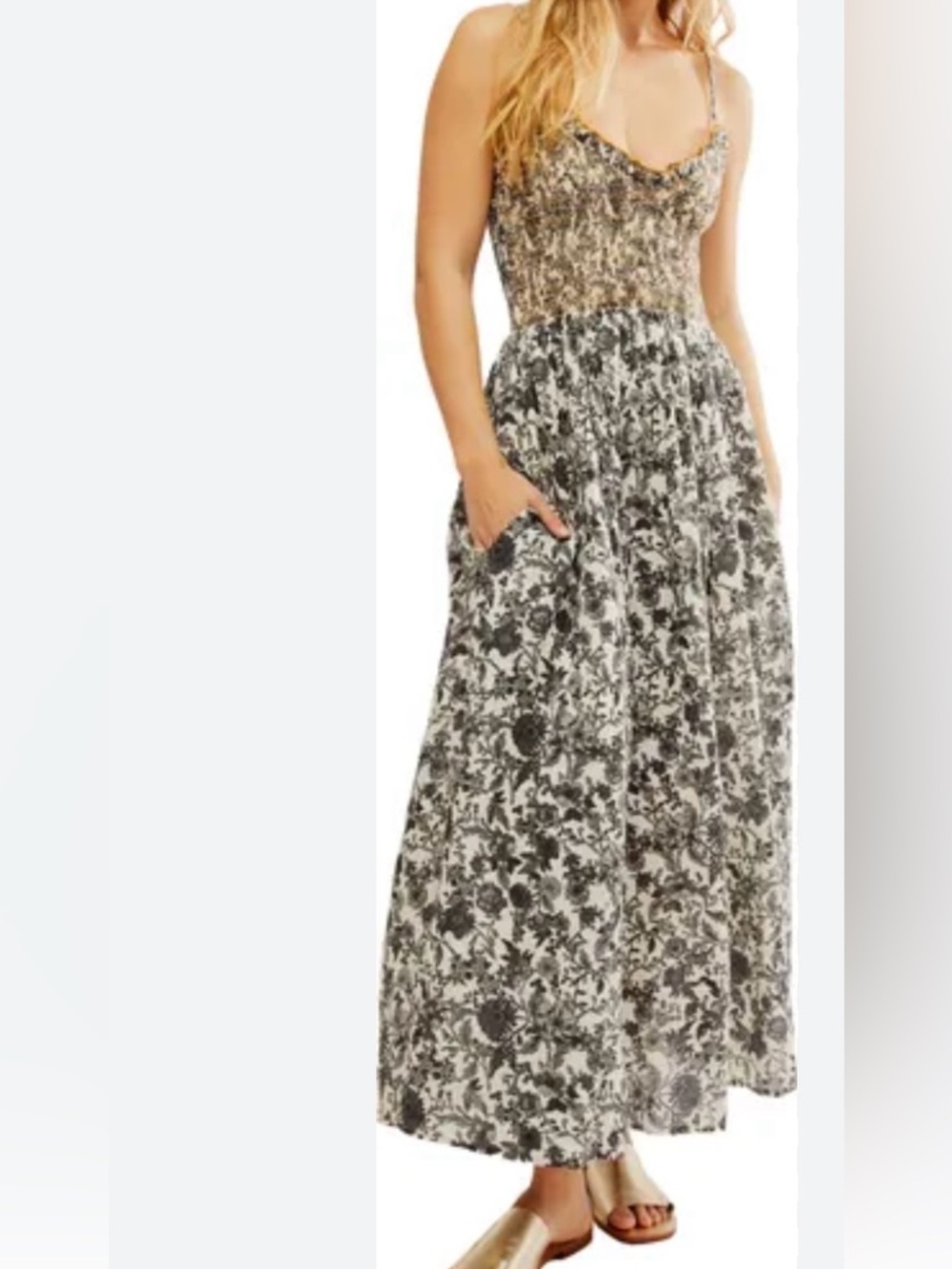 Free People Black and Cream Floral Maxi Dress